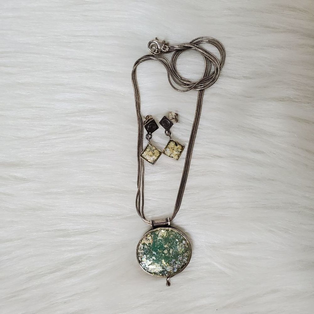Green turquoise silver necklace and earrings set 925